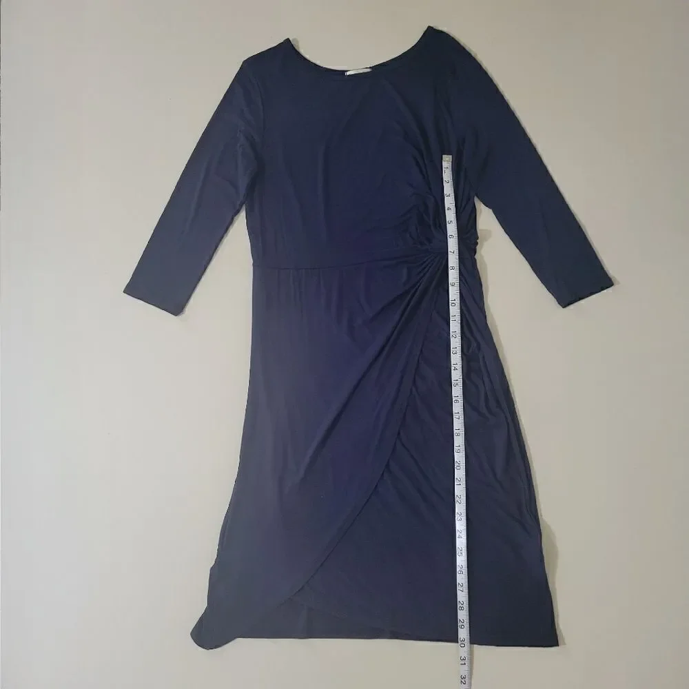 Sweet Pea Navy Jersey Knit Dress Ruched Waist Midi Length